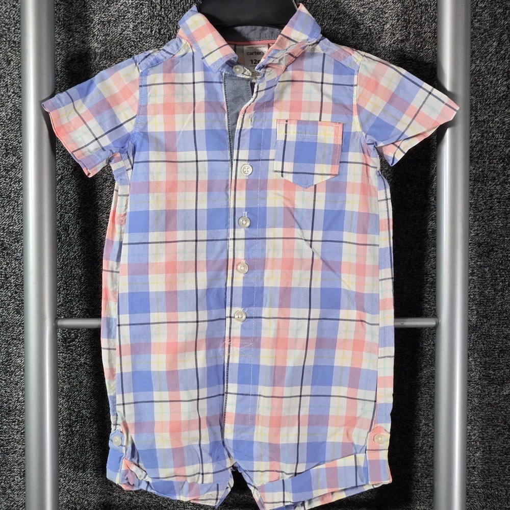 Carters Baby Boys Blue Pink Plaid Cotton Button Front Romper 12M 1K421310